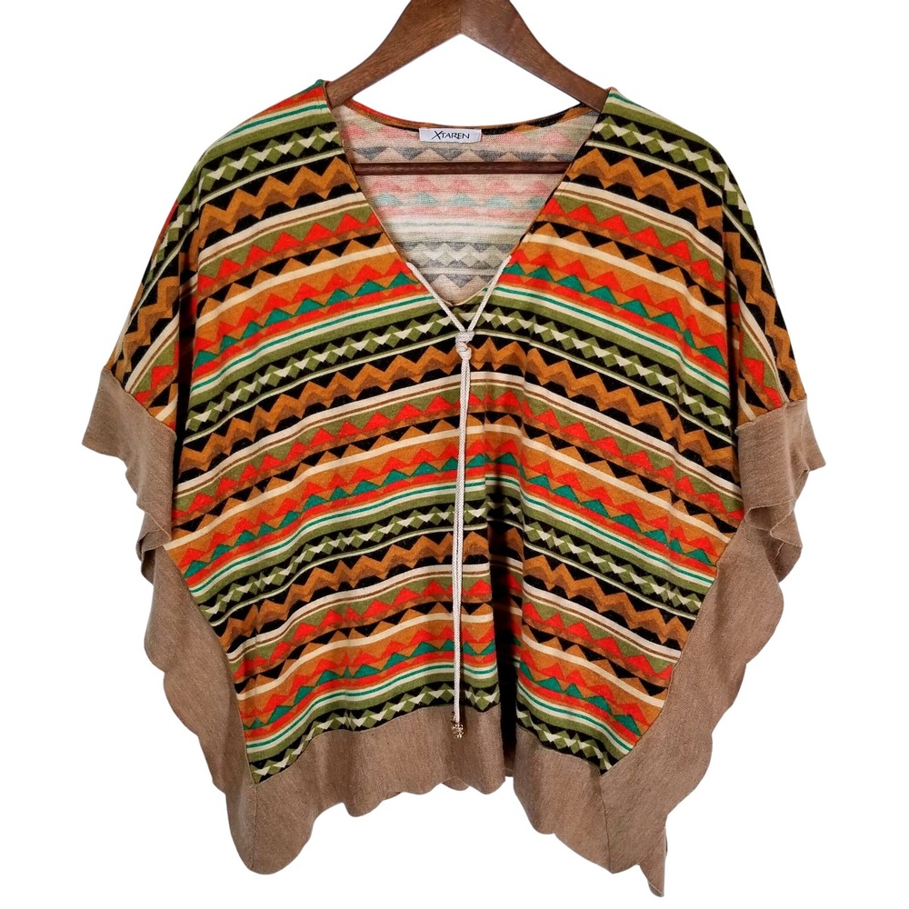 XTaren Tribal Stripe Poncho Top V-Neck Boho Chic Bohemian Shawl Cover Up‎